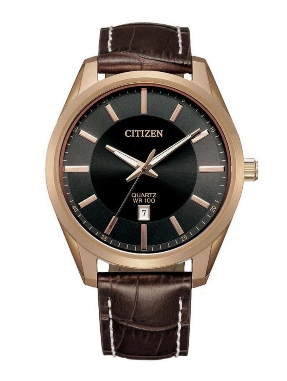 Citizen Quartz WR100 Gold Tone Black Dial Men's Watch Brown Leather Box/Papers